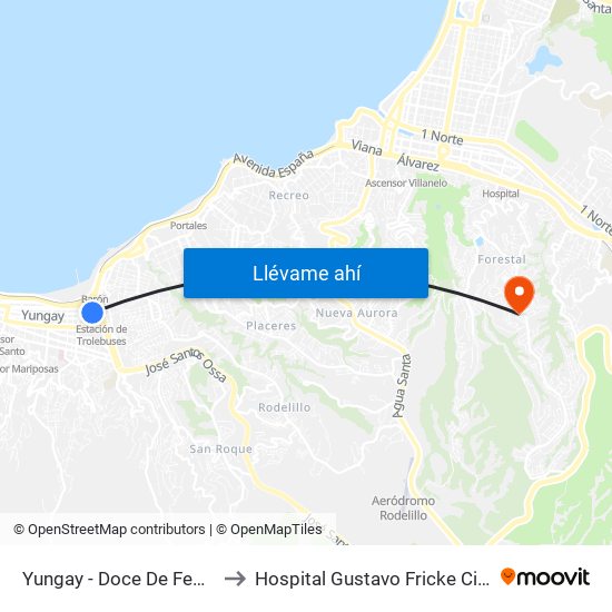 Yungay - Doce De Febrero to Hospital Gustavo Fricke Cirugia map