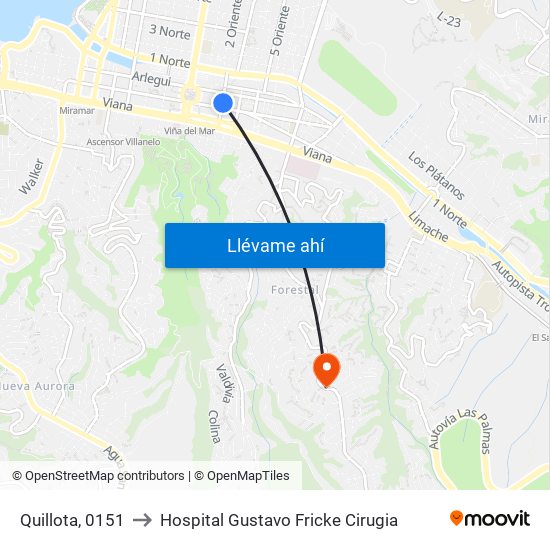 Quillota, 0151 to Hospital Gustavo Fricke Cirugia map