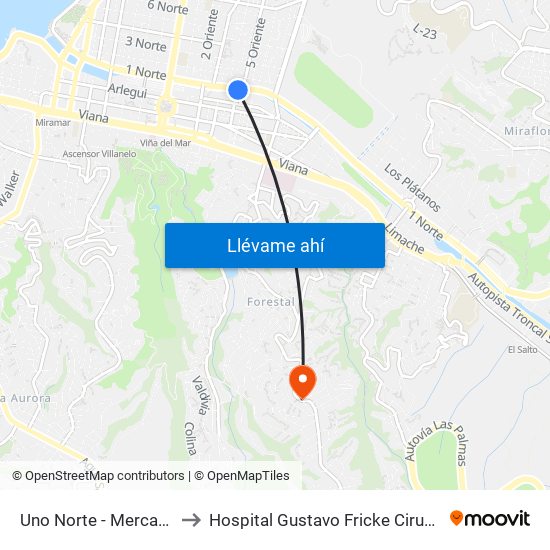 Uno Norte - Mercado to Hospital Gustavo Fricke Cirugia map