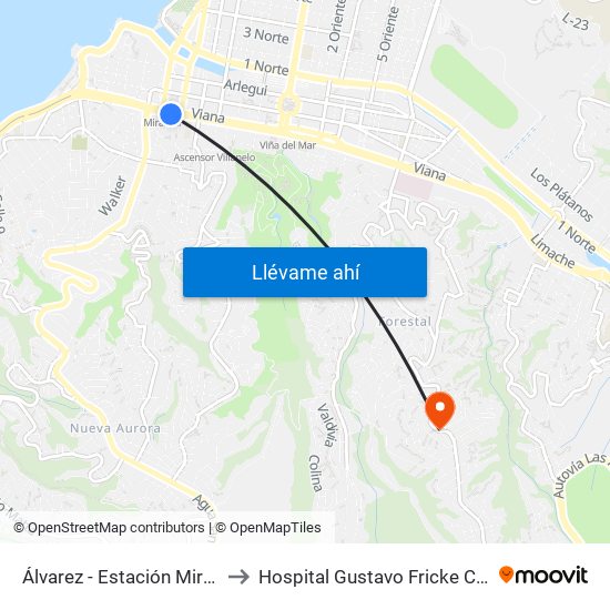 Álvarez - Estación Miramar to Hospital Gustavo Fricke Cirugia map