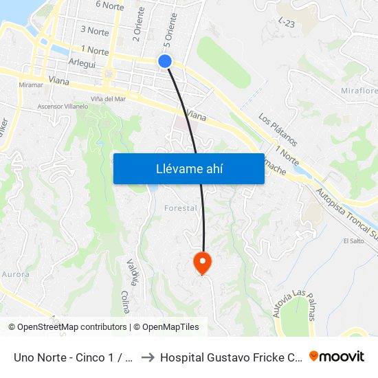 Uno Norte - Cinco 1 / 2 Ote to Hospital Gustavo Fricke Cirugia map