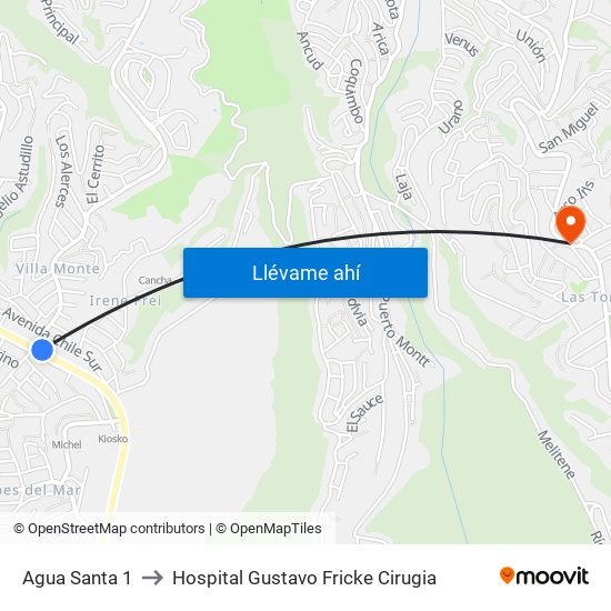 Agua Santa 1 to Hospital Gustavo Fricke Cirugia map