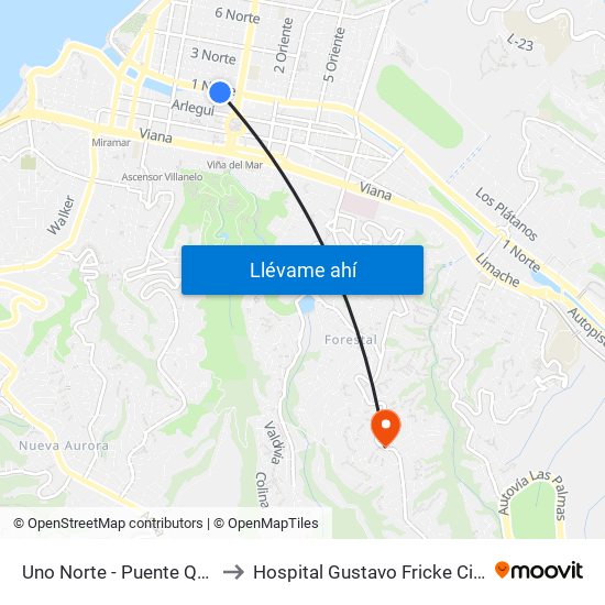 Uno Norte - Puente Quinta to Hospital Gustavo Fricke Cirugia map