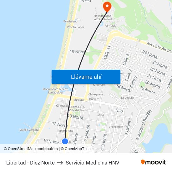 Libertad - Diez Norte to Servicio Medicina HNV map