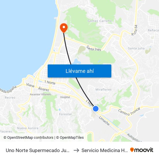 Uno Norte Supermecado Jumbo to Servicio Medicina HNV map