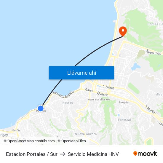 Estacion Portales / Sur to Servicio Medicina HNV map
