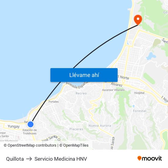 Quillota to Servicio Medicina HNV map