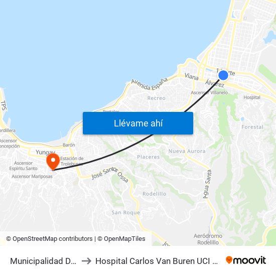Municipalidad De Viña to Hospital Carlos Van Buren UCI Pediatrica map