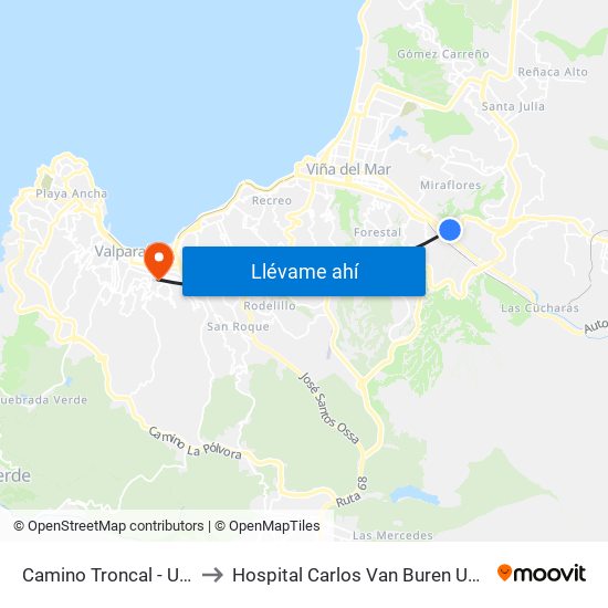 Camino Troncal - Uno Norte to Hospital Carlos Van Buren UCI Pediatrica map