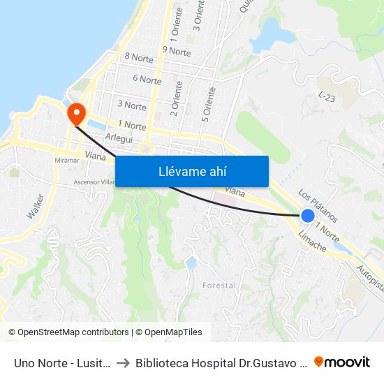 Uno Norte - Lusitania to Biblioteca Hospital Dr.Gustavo Fricke map