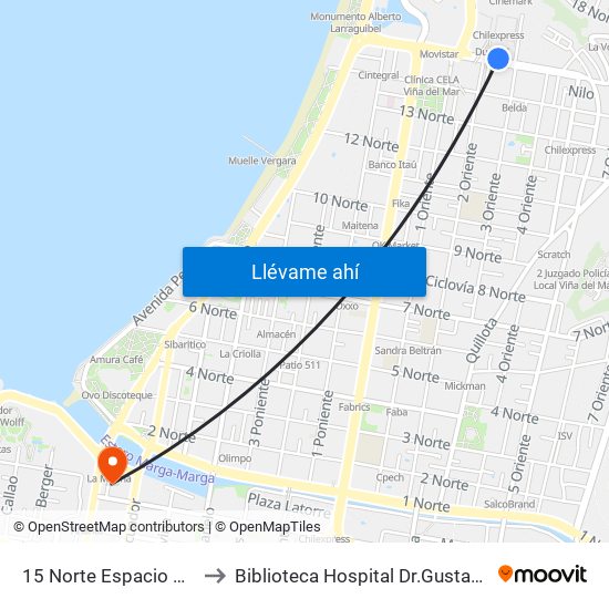 15 Norte Espacio Urbano to Biblioteca Hospital Dr.Gustavo Fricke map