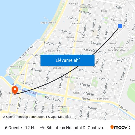 6 Oriente - 12 Norte to Biblioteca Hospital Dr.Gustavo Fricke map