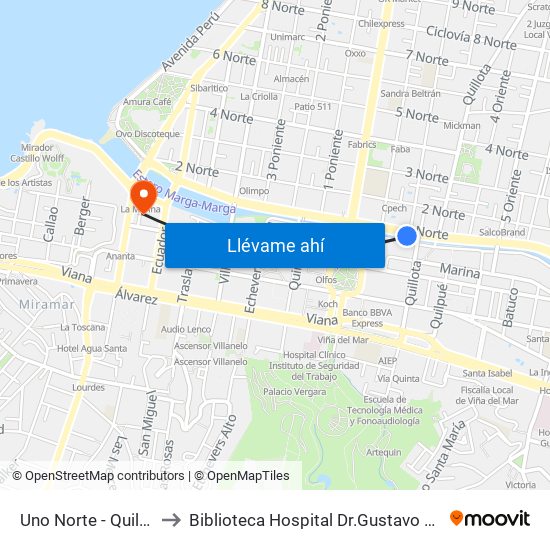 Uno Norte - Quillota to Biblioteca Hospital Dr.Gustavo Fricke map