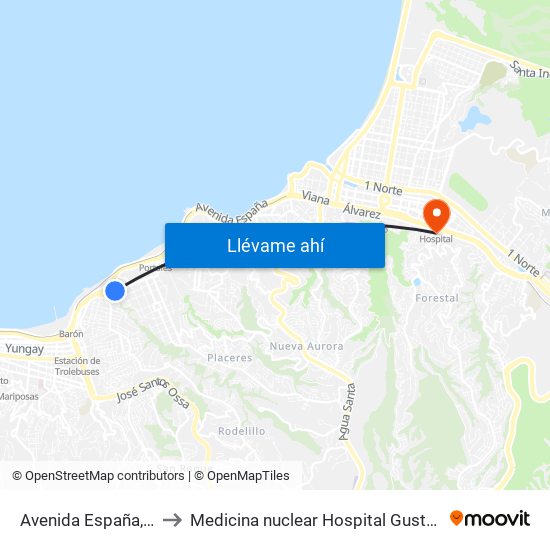 Avenida España, 1139 to Medicina nuclear Hospital Gustavo Fricke map