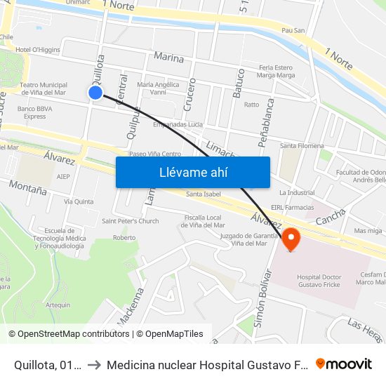 Quillota, 0151 to Medicina nuclear Hospital Gustavo Fricke map