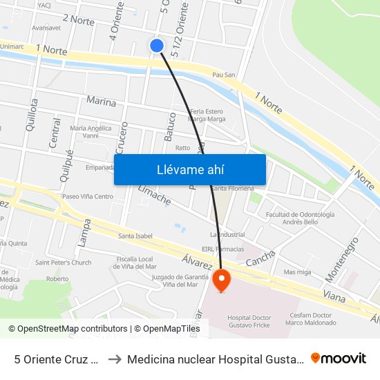 5 Oriente Cruz Verde to Medicina nuclear Hospital Gustavo Fricke map