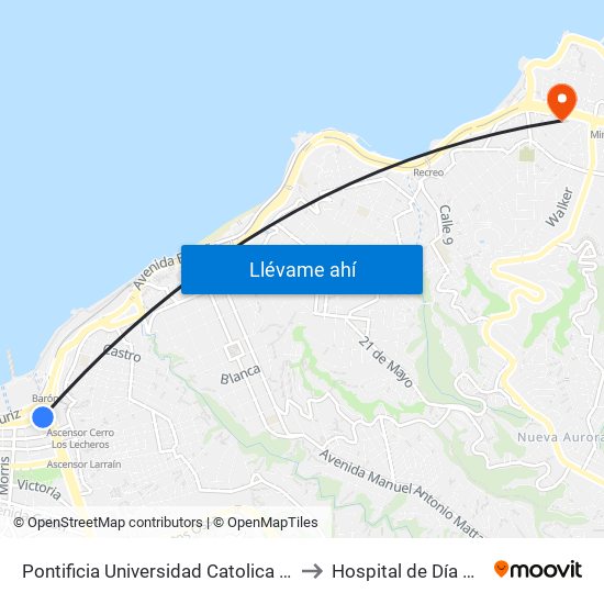 Pontificia Universidad Catolica De Valparaiso, Casa Central to Hospital de Día Adultos TPS HGF map