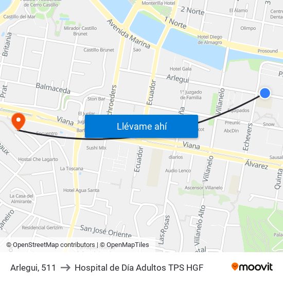 Arlegui, 511 to Hospital de Día Adultos TPS HGF map