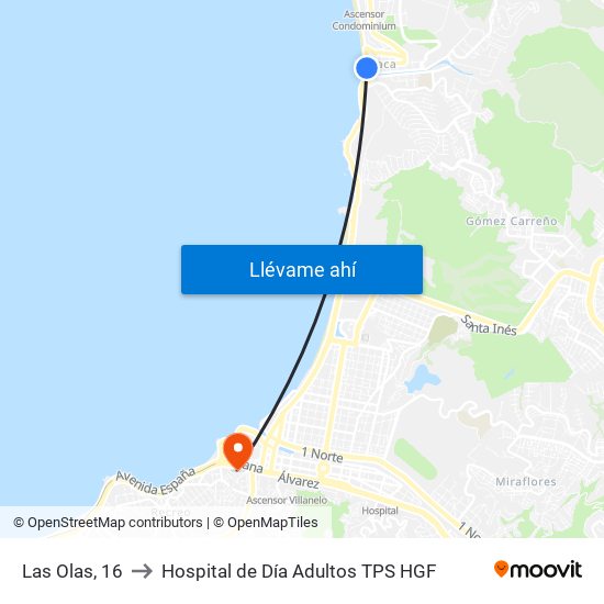 Las Olas, 16 to Hospital de Día Adultos TPS HGF map