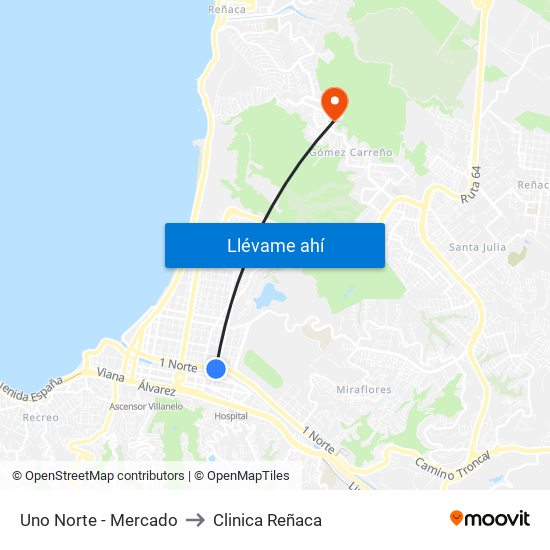 Uno Norte - Mercado to Clinica Reñaca map