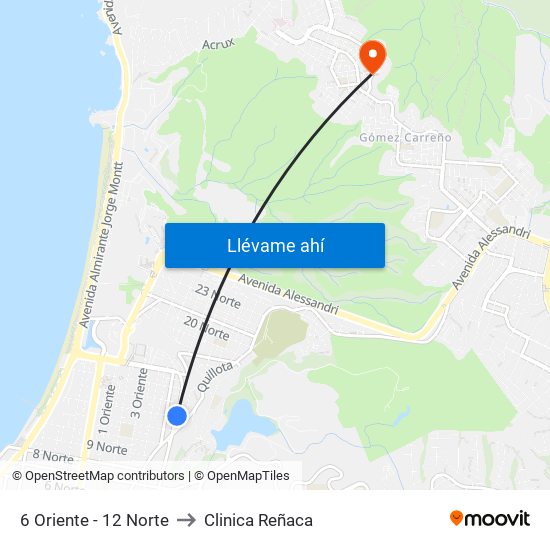 6 Oriente - 12 Norte to Clinica Reñaca map