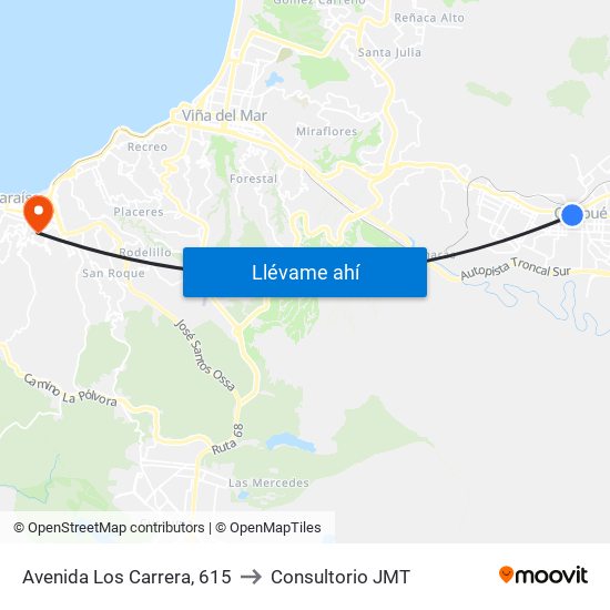 Avenida Los Carrera, 615 to Consultorio JMT map