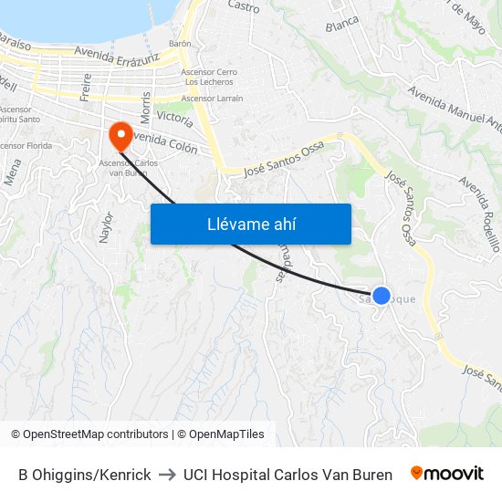 B Ohiggins/Kenrick to UCI Hospital Carlos Van Buren map