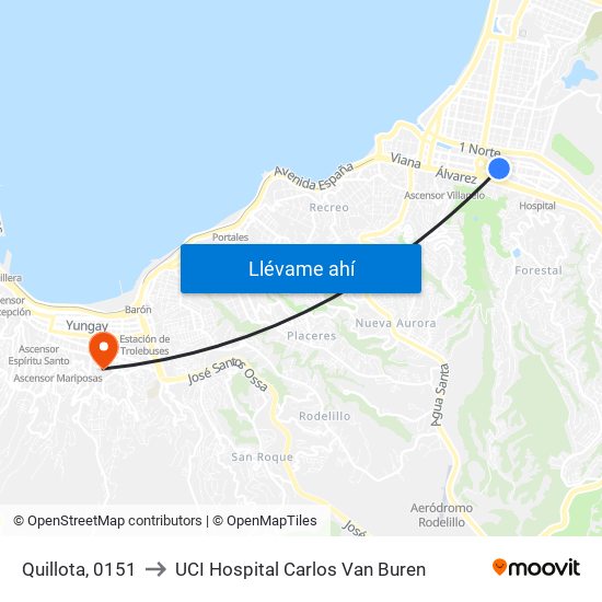 Quillota, 0151 to UCI Hospital Carlos Van Buren map