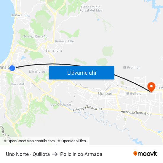 Uno Norte - Quillota to Policlinico Armada map