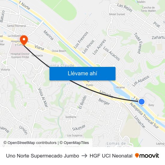 Uno Norte Supermecado Jumbo to HGF UCI Neonatal map