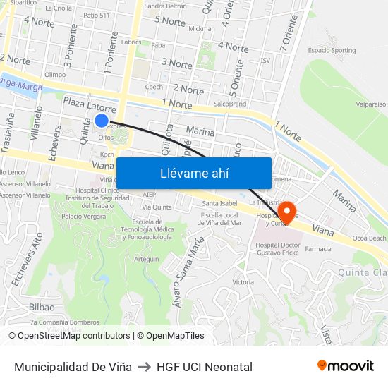 Municipalidad De Viña to HGF UCI Neonatal map