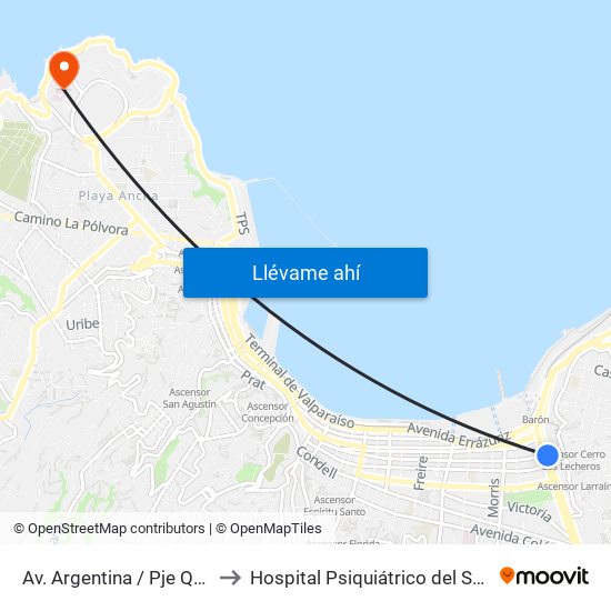 Av. Argentina / Pje Quillota to Hospital Psiquiátrico del Salvador map