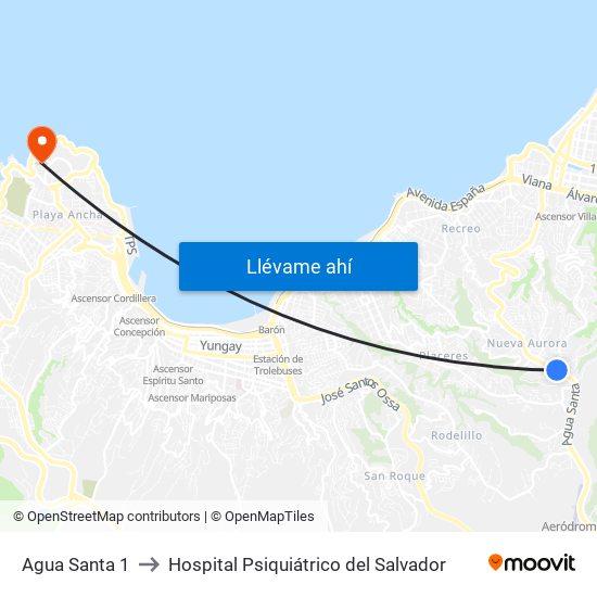 Agua Santa 1 to Hospital Psiquiátrico del Salvador map