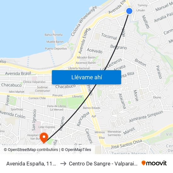 Avenida España, 1139 to Centro De Sangre - Valparaiso map