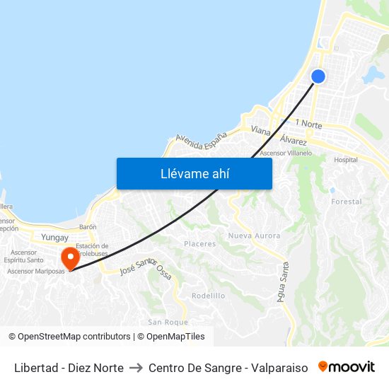 Libertad - Diez Norte to Centro De Sangre - Valparaiso map