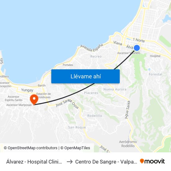 Álvarez - Hospital Clinico Ist to Centro De Sangre - Valparaiso map