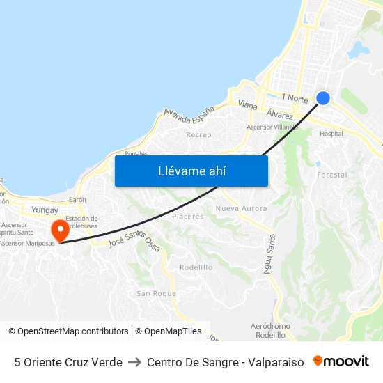 5 Oriente Cruz Verde to Centro De Sangre - Valparaiso map