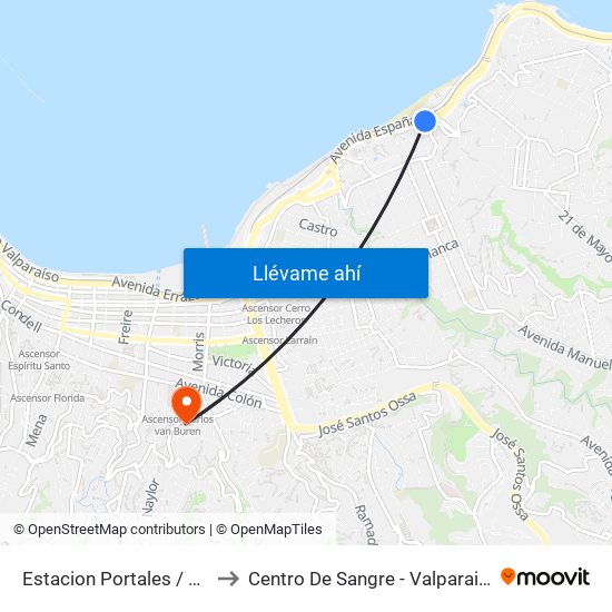 Estacion Portales / Sur to Centro De Sangre - Valparaiso map