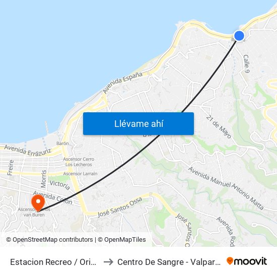 Estacion Recreo / Oriente to Centro De Sangre - Valparaiso map