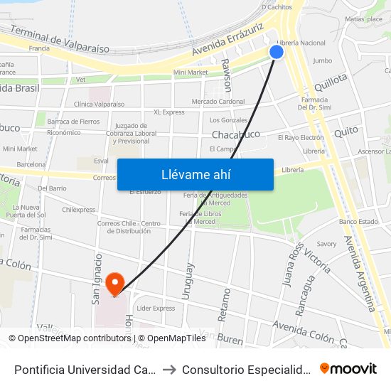 Pontificia Universidad Catolica De Valparaiso, Casa Central to Consultorio Especialidades Hospital Carlos Van Buren map