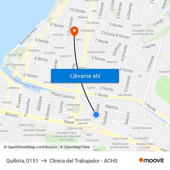 Quillota, 0151 to Clinica del Trabajador - ACHS map