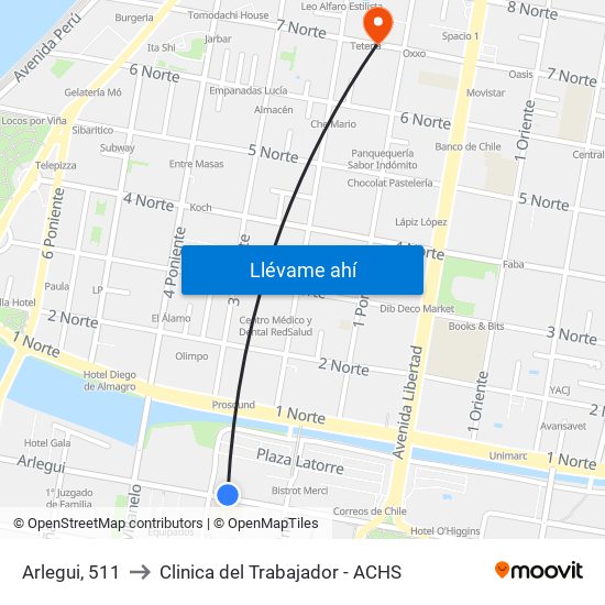 Arlegui, 511 to Clinica del Trabajador - ACHS map