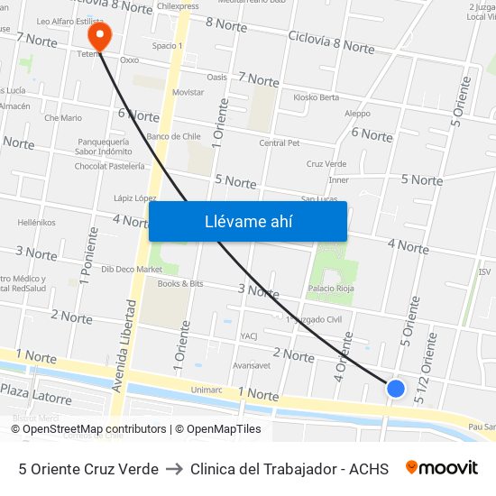 5 Oriente Cruz Verde to Clinica del Trabajador - ACHS map