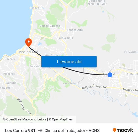 Los Carrera 981 to Clinica del Trabajador - ACHS map