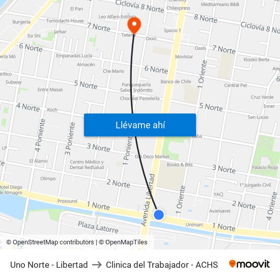 Uno Norte - Libertad to Clinica del Trabajador - ACHS map