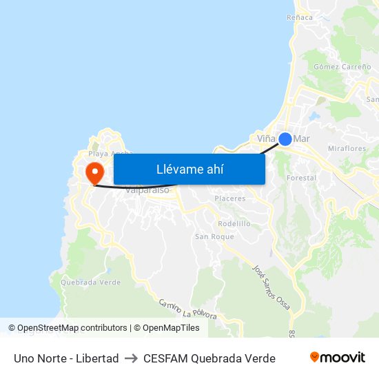 Uno Norte - Libertad to CESFAM Quebrada Verde map