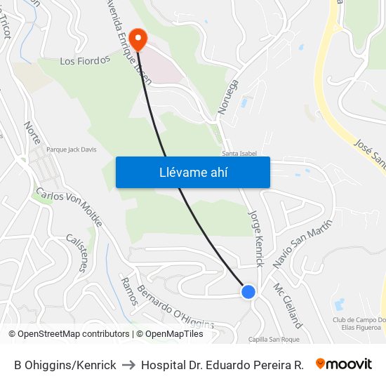 B Ohiggins/Kenrick to Hospital Dr. Eduardo Pereira R. map