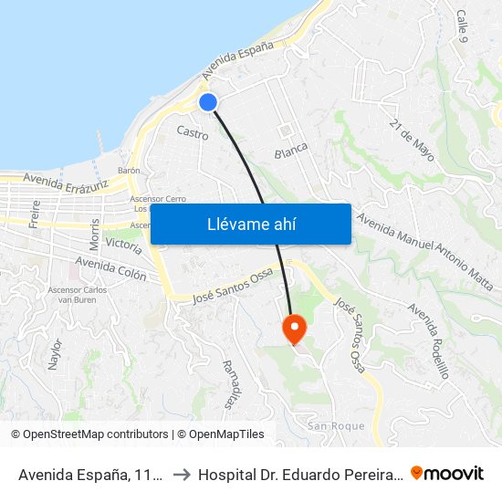 Avenida España, 1139 to Hospital Dr. Eduardo Pereira R. map