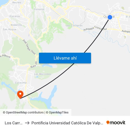 Los Carrera 981 to Pontificia Universidad Católica De Valparaíso - Campus Curauma map