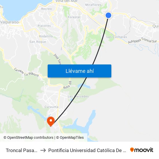 Troncal Pasarela 2 / Norte to Pontificia Universidad Católica De Valparaíso - Campus Curauma map